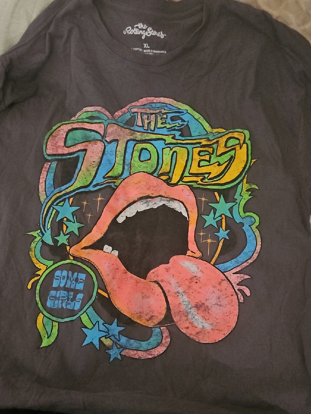 the Rolling Stones Black Tee with Multicolor Tongue Graphic